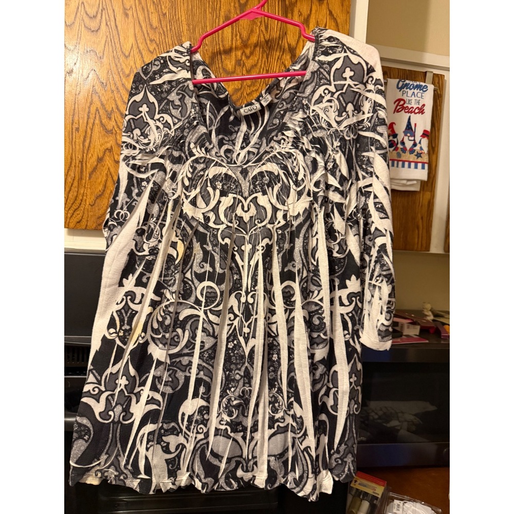 Cato Womens XL Black White Damask Paisley Shredded Fringe Tunic 3/4 Sleeve Top
